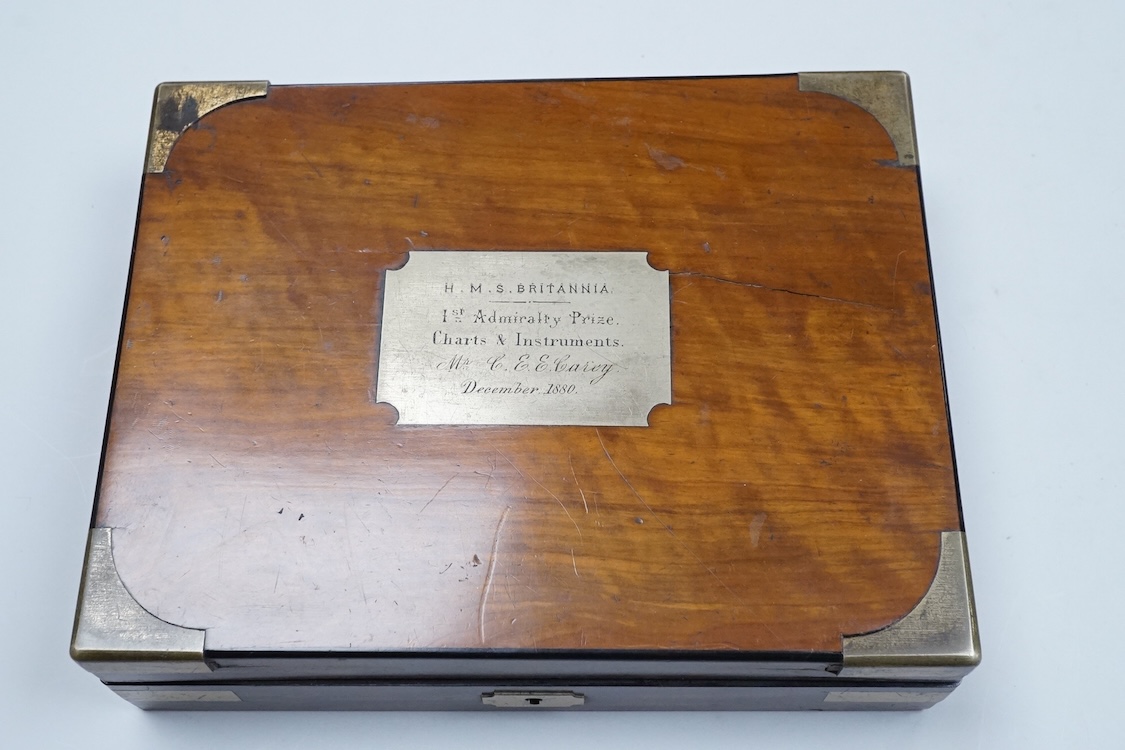 An Egyptian campaign pair awarded to Midshipman C.E.E. Carey RN, comprising the Egypt campaign medal 1882 and the Khedives Star, Khedive's star 1882 unnamed, Associated cased set of chart instruments the lid with plaque